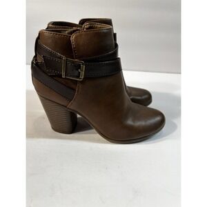Material Girl LIV Women's Size 8 Brown Ankle Boots Buckle Strap Block Heel